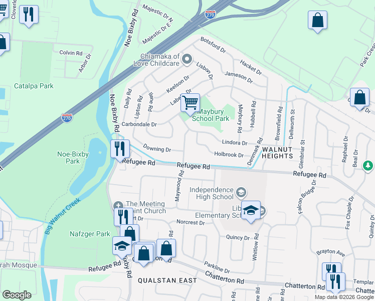 map of restaurants, bars, coffee shops, grocery stores, and more near 2688 Maywood Road in Columbus