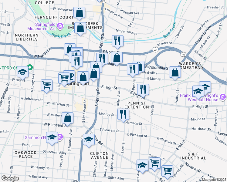 map of restaurants, bars, coffee shops, grocery stores, and more near 301 East High Street in Springfield