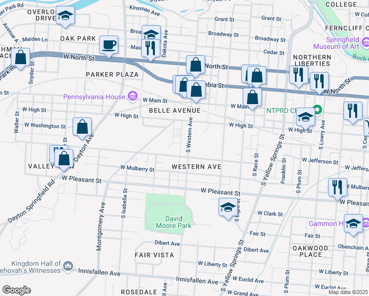 map of restaurants, bars, coffee shops, grocery stores, and more near South Western Avenue in Springfield