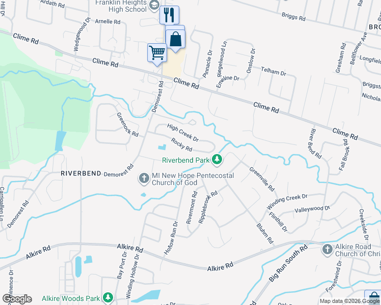 map of restaurants, bars, coffee shops, grocery stores, and more near 3507 Rocky Road in Columbus