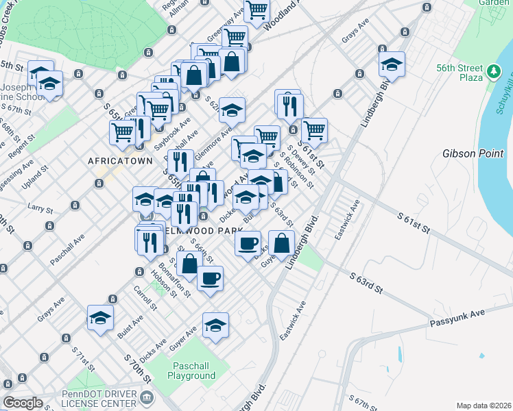 map of restaurants, bars, coffee shops, grocery stores, and more near 6308 Buist Avenue in Philadelphia