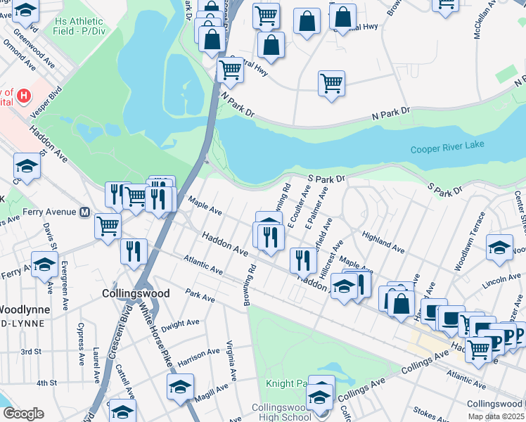 map of restaurants, bars, coffee shops, grocery stores, and more near 128 East Franklin Avenue in Collingswood