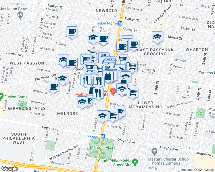 map of restaurants, bars, coffee shops, grocery stores, and more near 2216 South Broad Street in Philadelphia