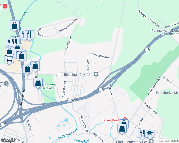 map of restaurants, bars, coffee shops, grocery stores, and more near 200 Brown Boulevard in Uniontown