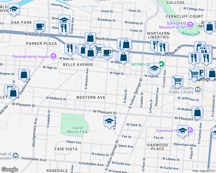 map of restaurants, bars, coffee shops, grocery stores, and more near 202 South Shaffer Street in Springfield