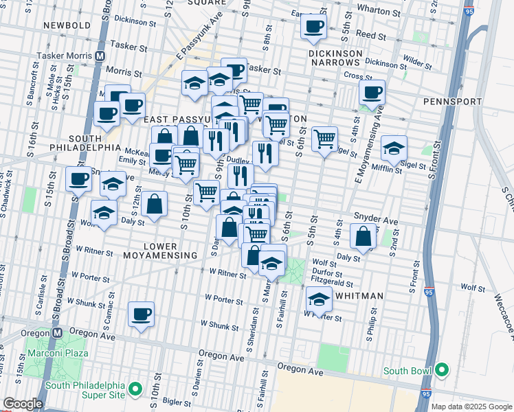 map of restaurants, bars, coffee shops, grocery stores, and more near 715 Cantrell Street in Philadelphia