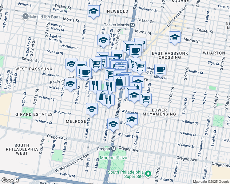 map of restaurants, bars, coffee shops, grocery stores, and more near 2226 South Rosewood Street in Philadelphia