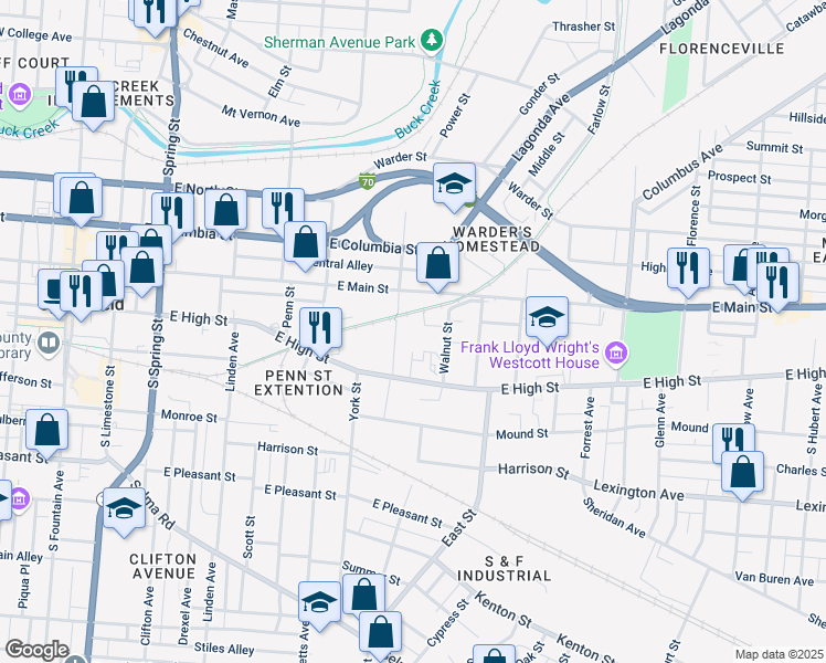 map of restaurants, bars, coffee shops, grocery stores, and more near 30-198 South Sycamore Street in Springfield