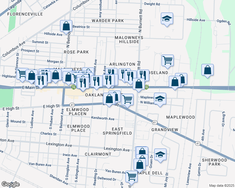 map of restaurants, bars, coffee shops, grocery stores, and more near 17 Buxton Avenue in Springfield