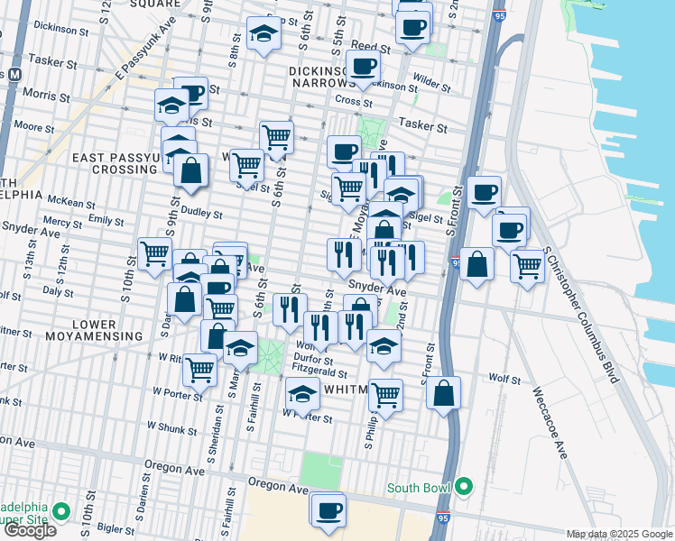 map of restaurants, bars, coffee shops, grocery stores, and more near 2030 East Moyamensing Avenue in Philadelphia