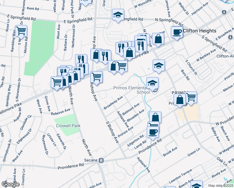 map of restaurants, bars, coffee shops, grocery stores, and more near 174 Grove Place in Delaware County