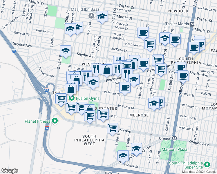 map of restaurants, bars, coffee shops, grocery stores, and more near 2327 South Lambert Street in Philadelphia