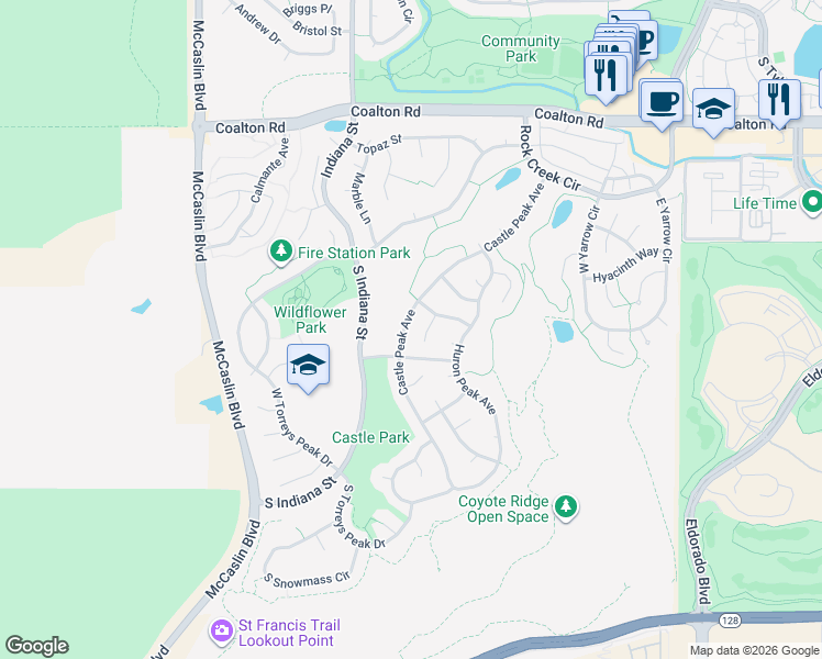 map of restaurants, bars, coffee shops, grocery stores, and more near 3268 Castle Peak Avenue in Superior