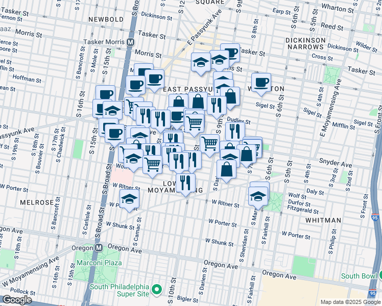 map of restaurants, bars, coffee shops, grocery stores, and more near 1010 Winton Street in Philadelphia