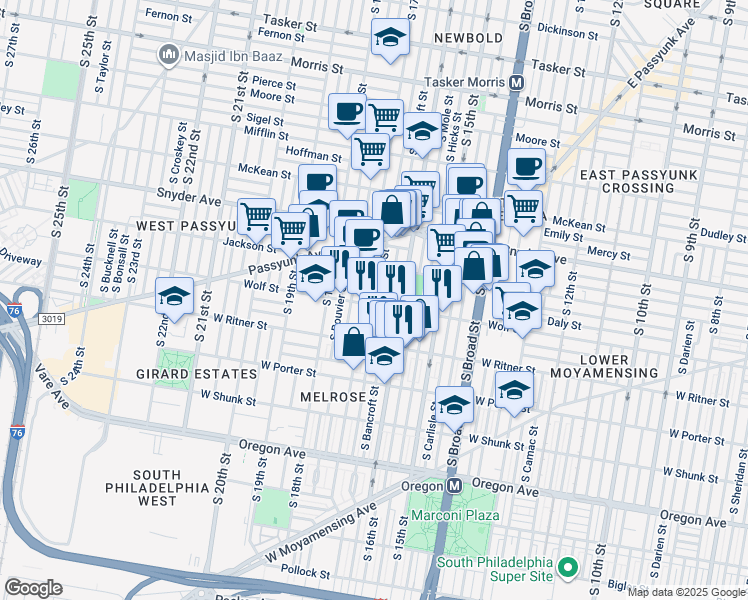 map of restaurants, bars, coffee shops, grocery stores, and more near 1631 Wolf Street in Philadelphia