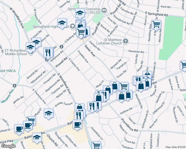 map of restaurants, bars, coffee shops, grocery stores, and more near 712 Evans Road in Springfield