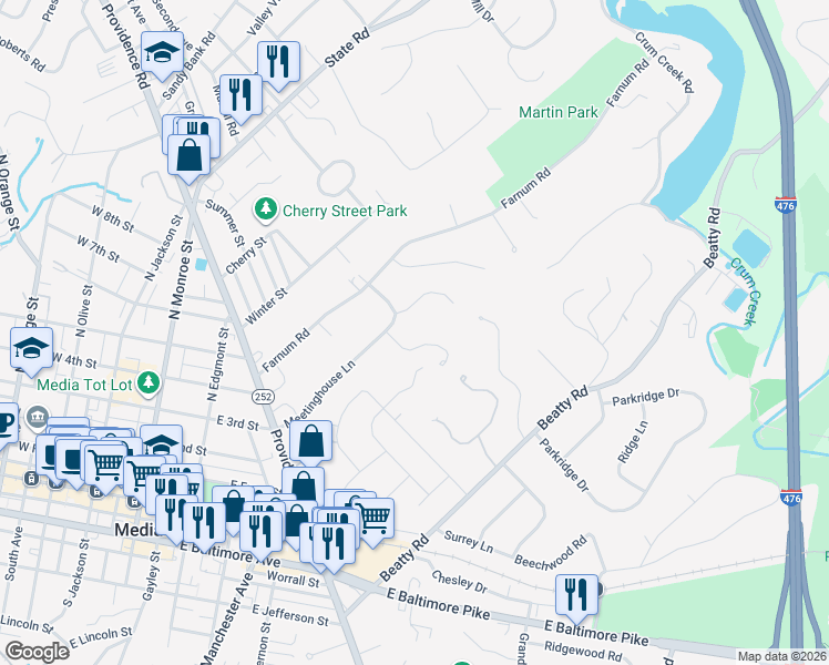 map of restaurants, bars, coffee shops, grocery stores, and more near 508 Wildflower Lane in Media