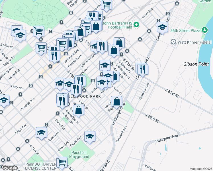 map of restaurants, bars, coffee shops, grocery stores, and more near 6325 Buist Avenue in Philadelphia