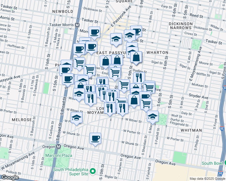 map of restaurants, bars, coffee shops, grocery stores, and more near 1011 Jackson Street in Philadelphia