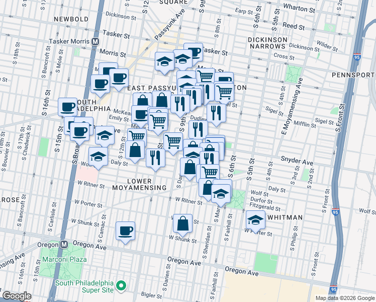 map of restaurants, bars, coffee shops, grocery stores, and more near 819 Winton Street in Philadelphia