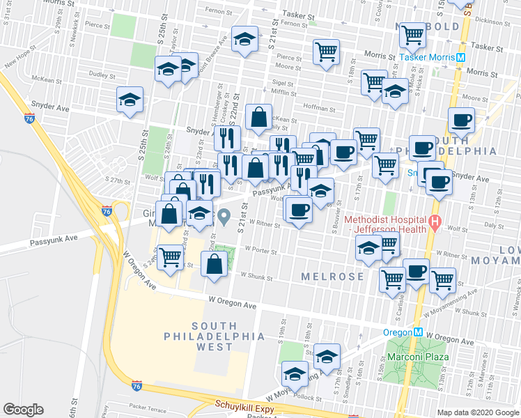 map of restaurants, bars, coffee shops, grocery stores, and more near 2327 South Lambert Street in Philadelphia
