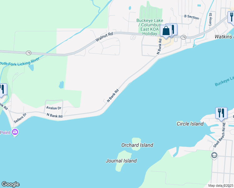 map of restaurants, bars, coffee shops, grocery stores, and more near 4265 North Bank Road in Millersport