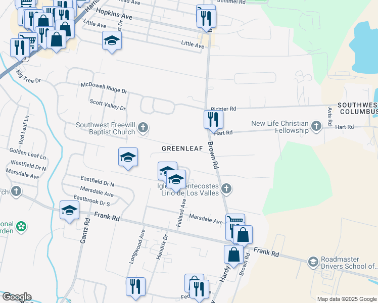 map of restaurants, bars, coffee shops, grocery stores, and more near 1411 Greenleaf Road in Columbus