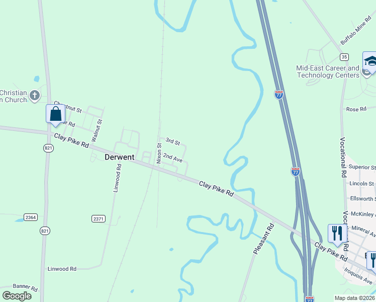 map of restaurants, bars, coffee shops, grocery stores, and more near 56870 Russell Street in Derwent