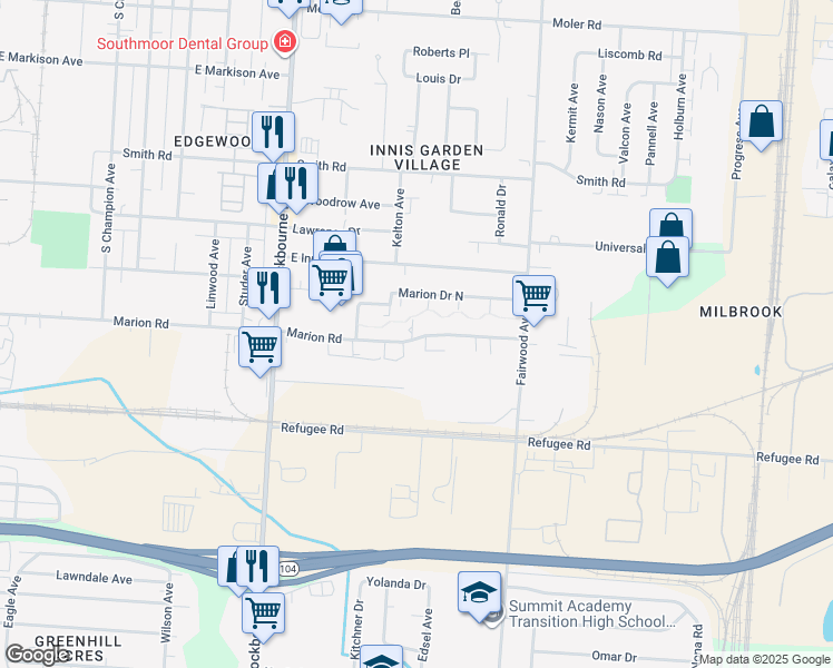 map of restaurants, bars, coffee shops, grocery stores, and more near 1316 Marion Road in Columbus