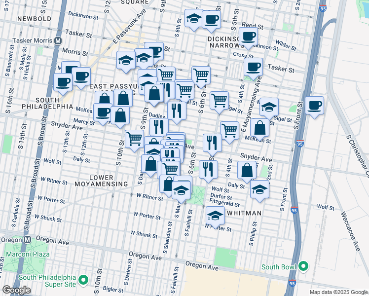 map of restaurants, bars, coffee shops, grocery stores, and more near 645 Cantrell Street in Philadelphia