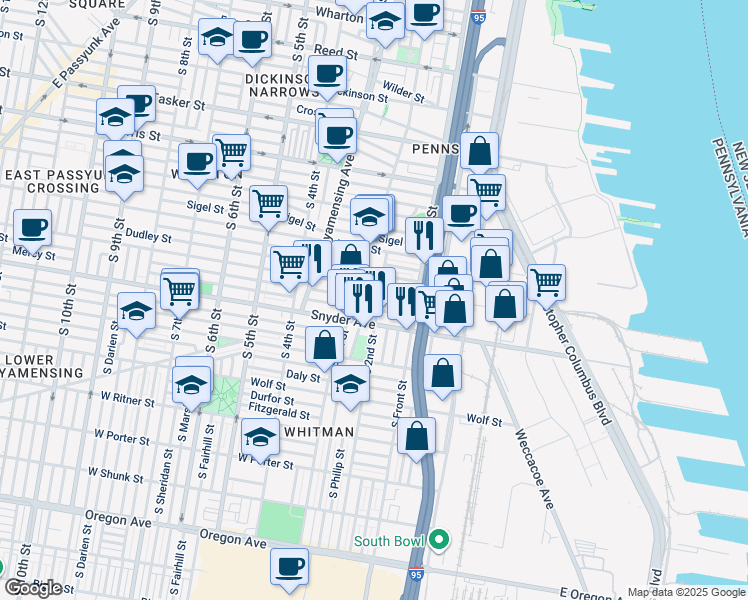 map of restaurants, bars, coffee shops, grocery stores, and more near 2014 South 2nd Street in Philadelphia