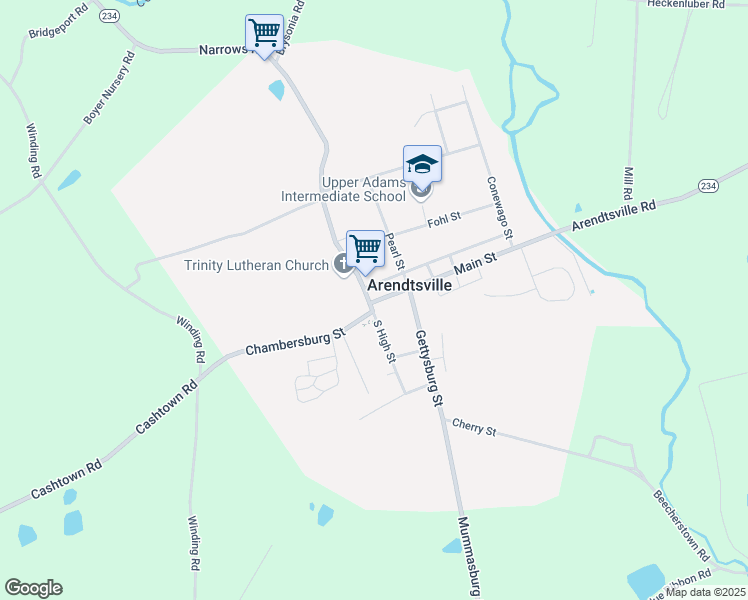 map of restaurants, bars, coffee shops, grocery stores, and more near 2 Main Street in Biglerville