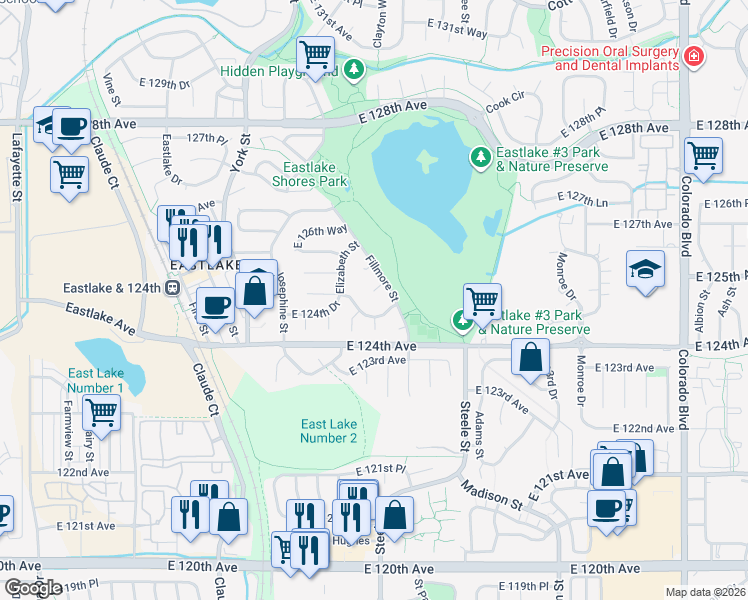 map of restaurants, bars, coffee shops, grocery stores, and more near 2778 East 124th Circle in Thornton