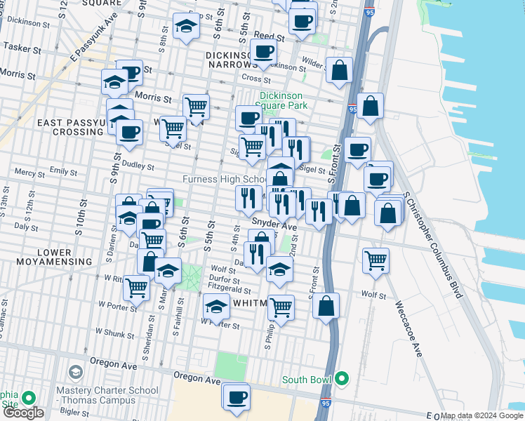 map of restaurants, bars, coffee shops, grocery stores, and more near 343 Mercy Street in Philadelphia