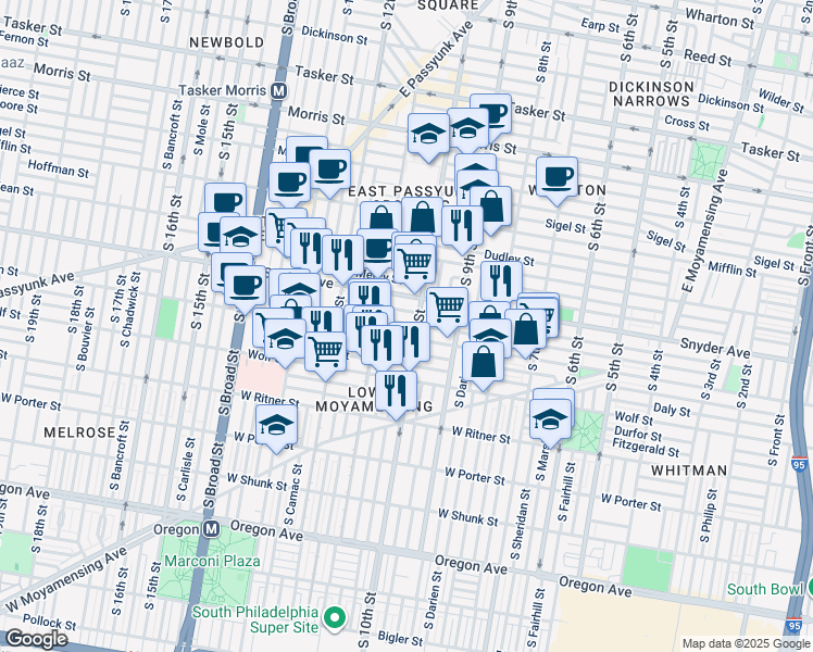 map of restaurants, bars, coffee shops, grocery stores, and more near 1010 Winton Street in Philadelphia