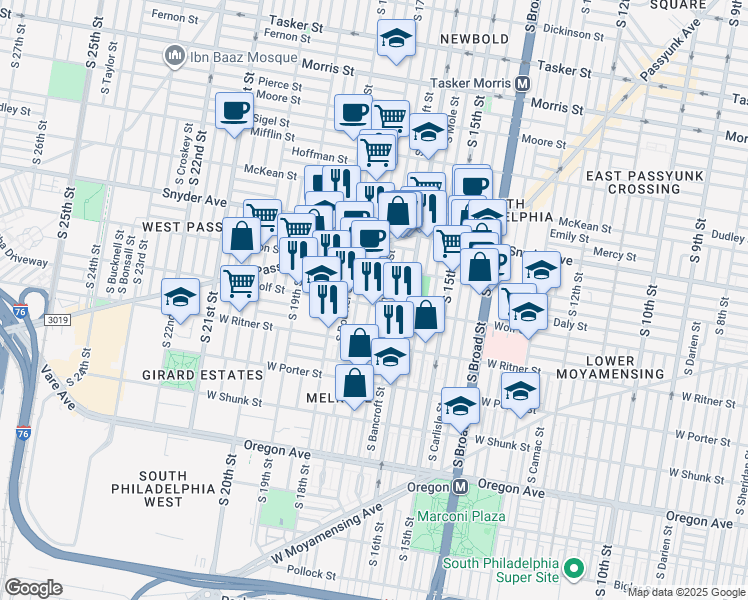 map of restaurants, bars, coffee shops, grocery stores, and more near 1712 Wolf Street in Philadelphia