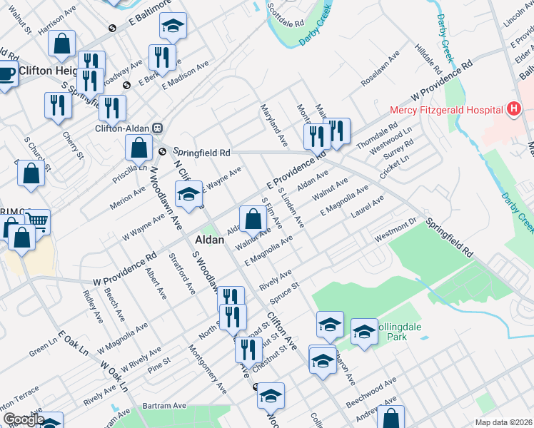 map of restaurants, bars, coffee shops, grocery stores, and more near 34 South Elm Avenue in Aldan