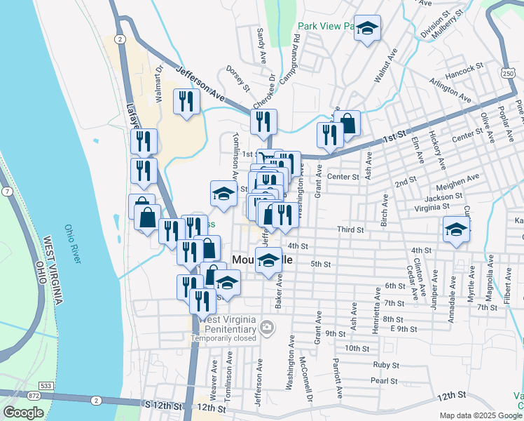 map of restaurants, bars, coffee shops, grocery stores, and more near 259 Jefferson Ave in Moundsville