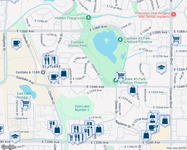 map of restaurants, bars, coffee shops, grocery stores, and more near 2778 East 124th Circle in Thornton