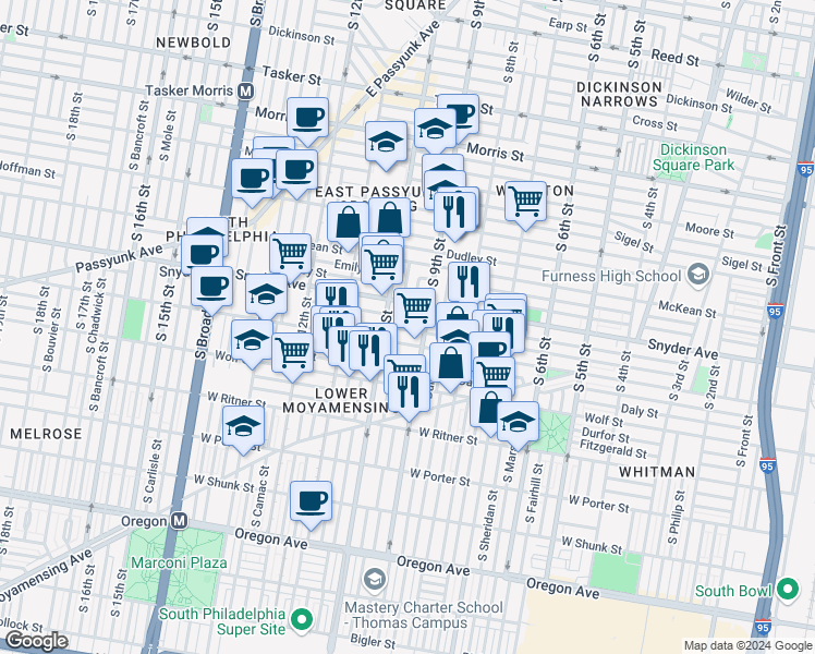 map of restaurants, bars, coffee shops, grocery stores, and more near 925 Winton Street in Philadelphia
