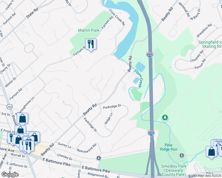 map of restaurants, bars, coffee shops, grocery stores, and more near 507 Beatty Road in Media