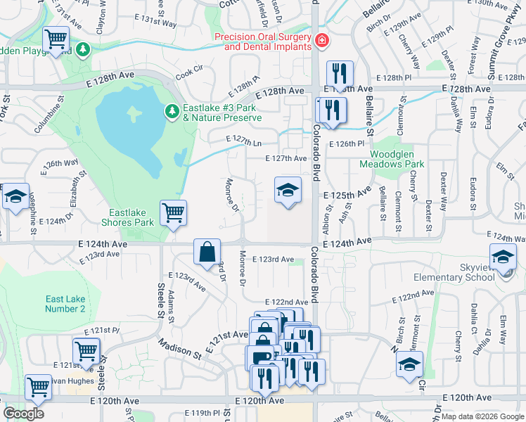 map of restaurants, bars, coffee shops, grocery stores, and more near 12524 Madison Way in Thornton