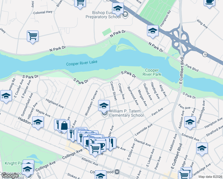 map of restaurants, bars, coffee shops, grocery stores, and more near 623 Cedar Avenue in Collingswood