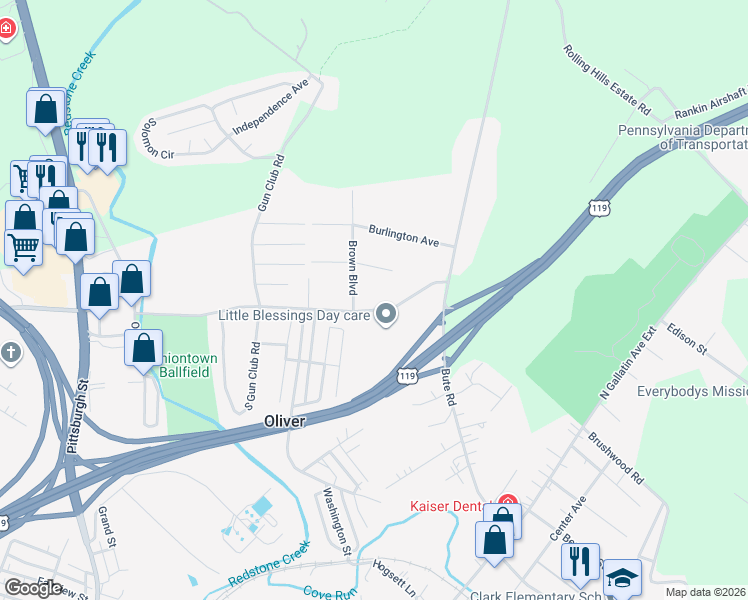 map of restaurants, bars, coffee shops, grocery stores, and more near 200 Brown Boulevard in Uniontown