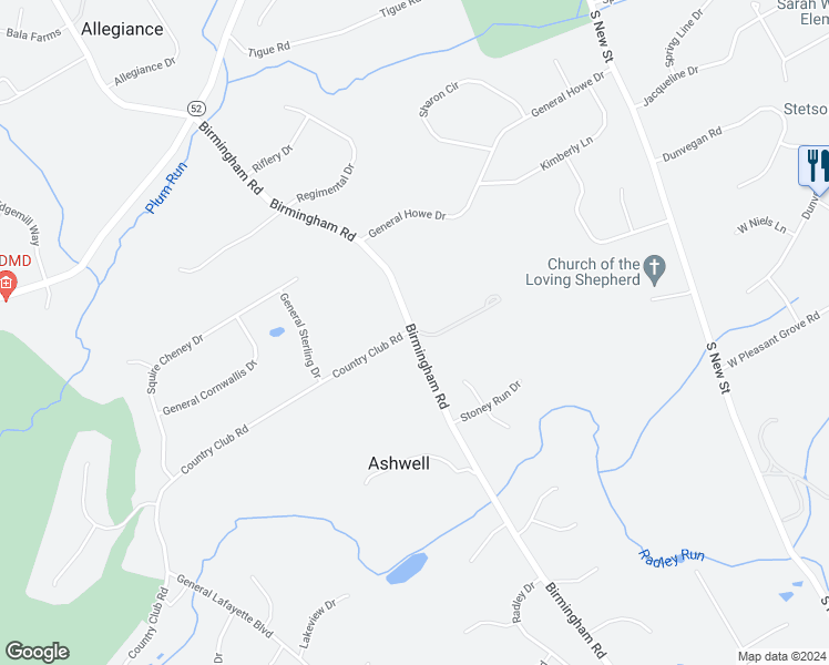 map of restaurants, bars, coffee shops, grocery stores, and more near 901 South Birmingham Road in West Chester