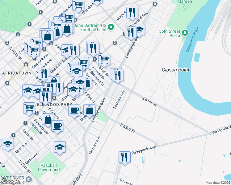 map of restaurants, bars, coffee shops, grocery stores, and more near 2905 South Robinson Street in Philadelphia