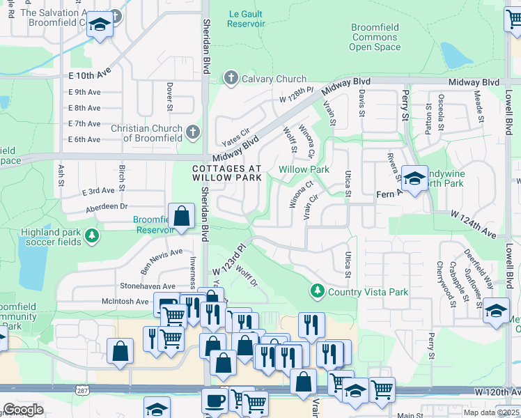 map of restaurants, bars, coffee shops, grocery stores, and more near 12620 Xavier Street in Broomfield