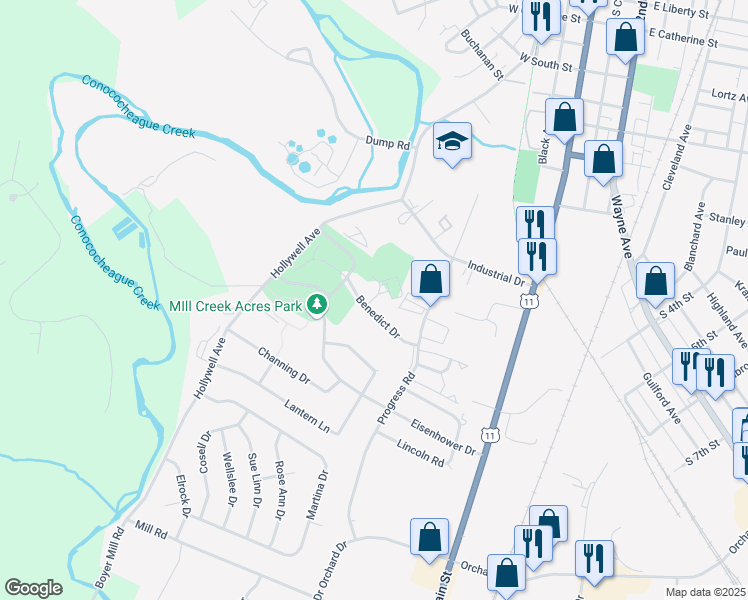 map of restaurants, bars, coffee shops, grocery stores, and more near 144 Oyler Drive in Chambersburg