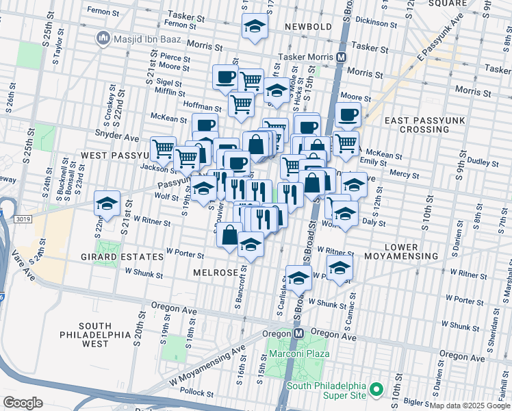 map of restaurants, bars, coffee shops, grocery stores, and more near 2241 South Bancroft Street in Philadelphia