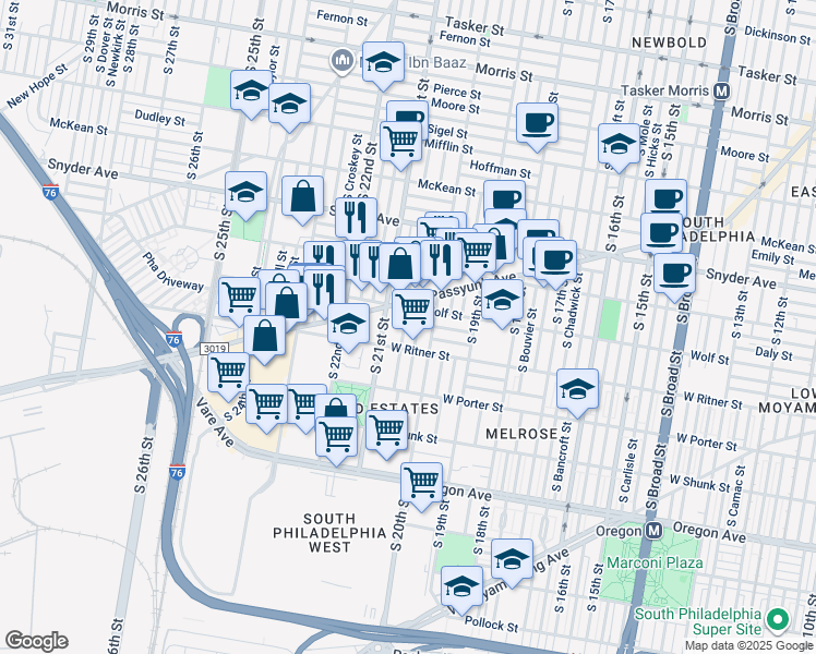 map of restaurants, bars, coffee shops, grocery stores, and more near 2325 South Lambert Street in Philadelphia